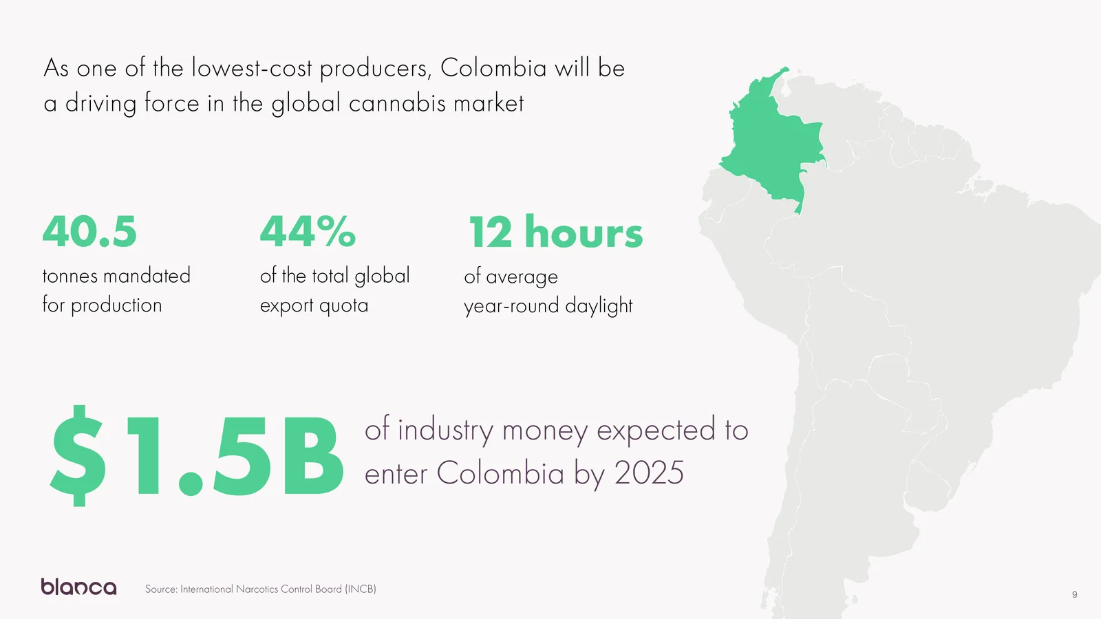 Deck slide setting out Colombia's export quota and the industry money forecast to enter the country