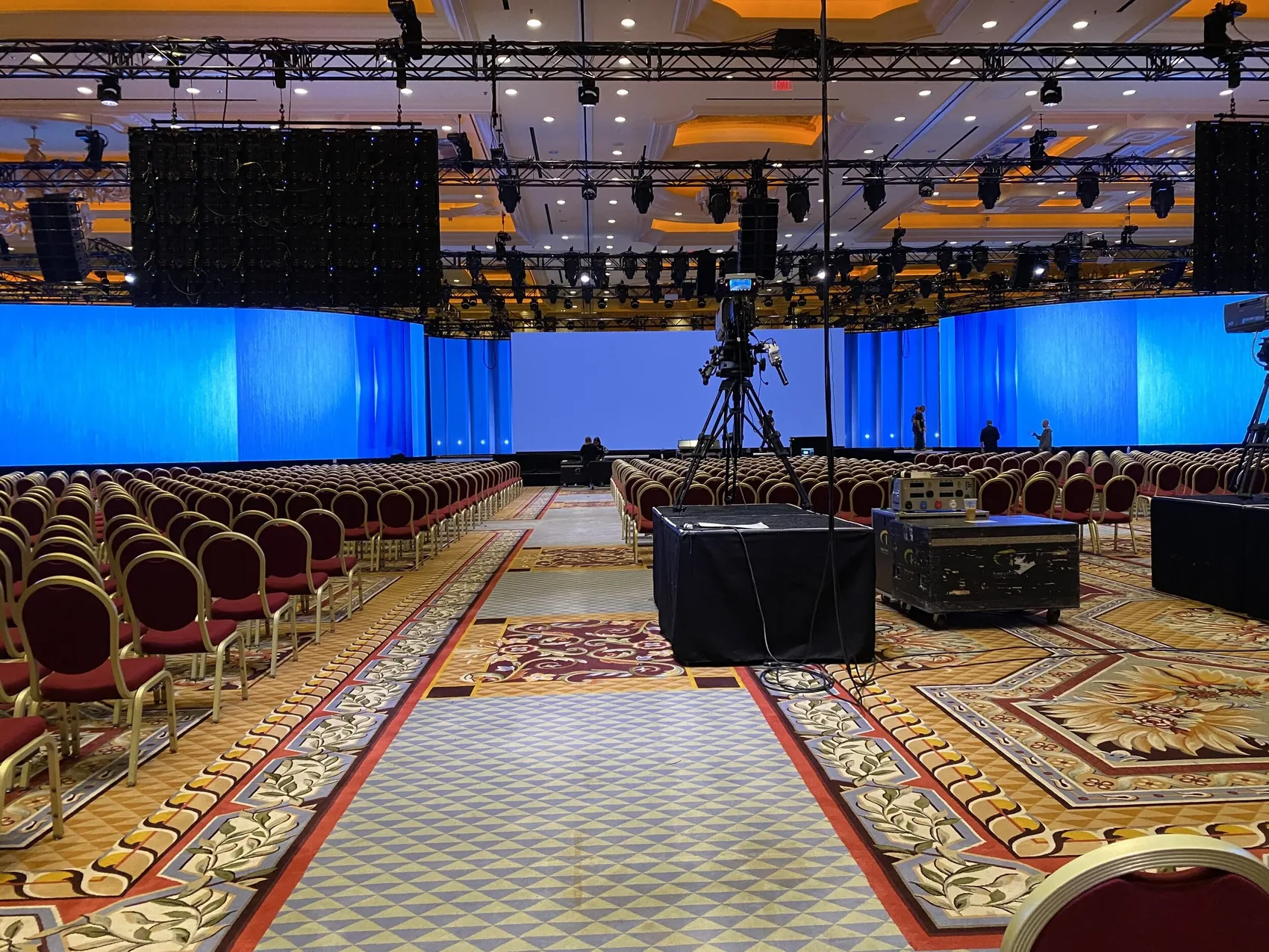 The ballroom set and lit before doors, four thousand seats empty