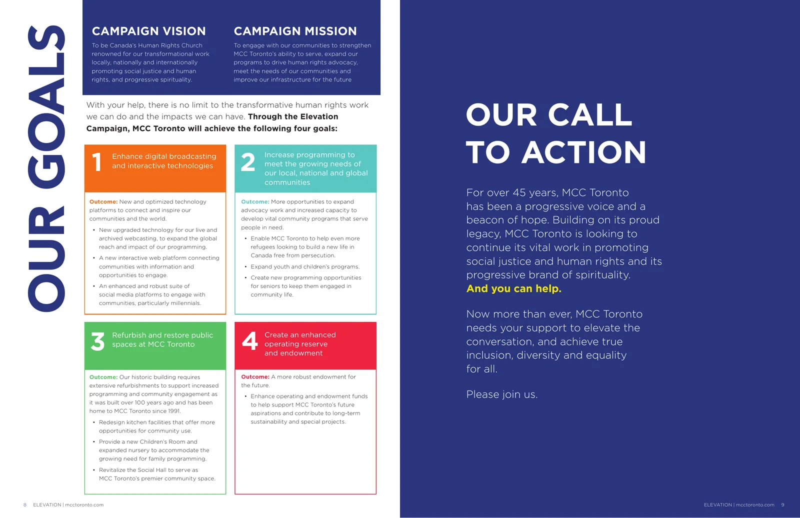 Our Goals spread, setting out the four campaign goals and the call to action