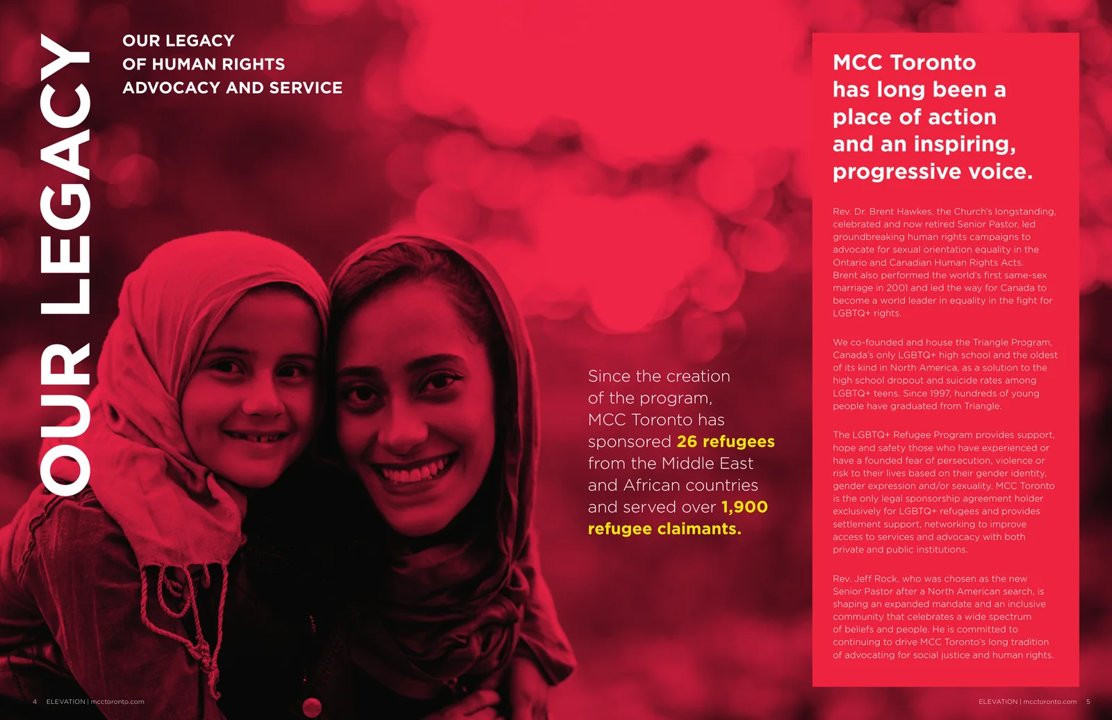 Our Legacy spread, covering MCC Toronto's human rights advocacy and refugee programs