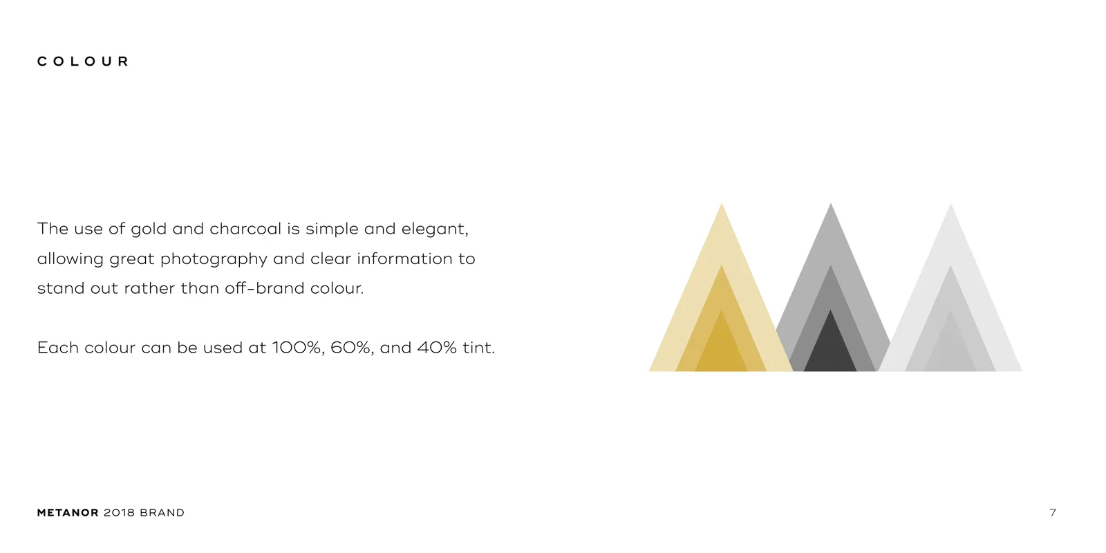The gold and charcoal palette, at 100%, 60% and 40% tint