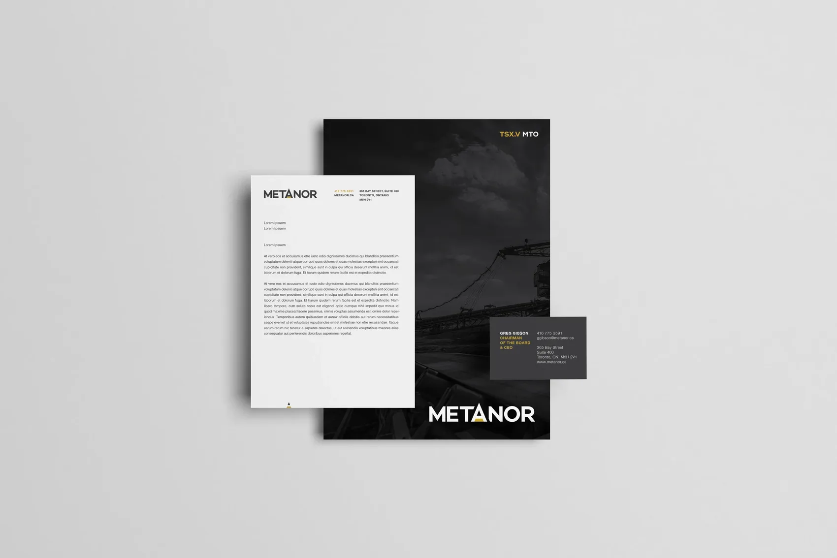Metanor letterhead, folder and business card