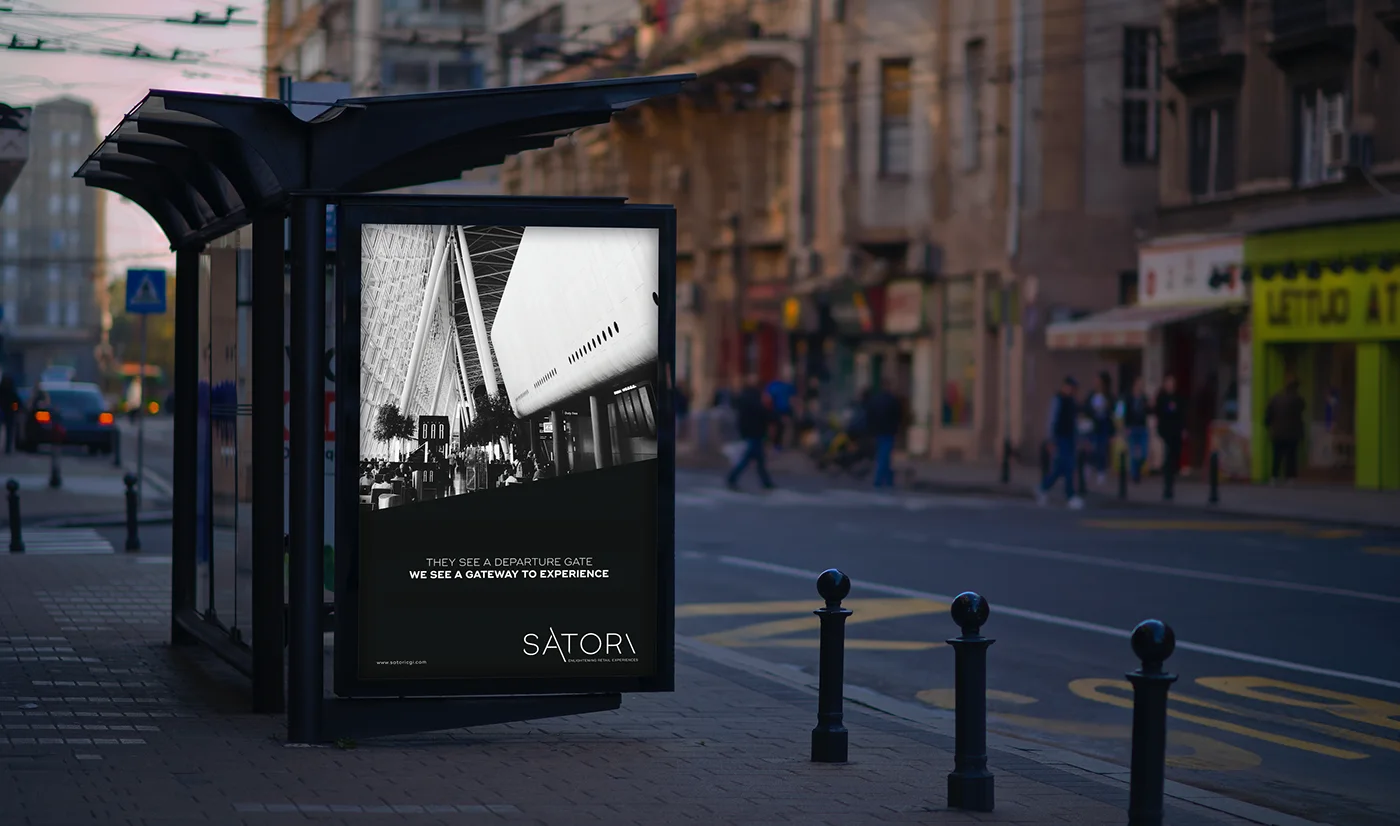 Transit shelter poster at dusk: they see a departure gate, we see a gateway to experience